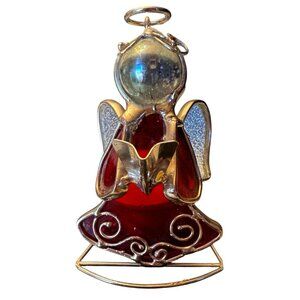 4” Royal Red And Clear Beveled Stained Glass Standing Trumpet Blowing Angel